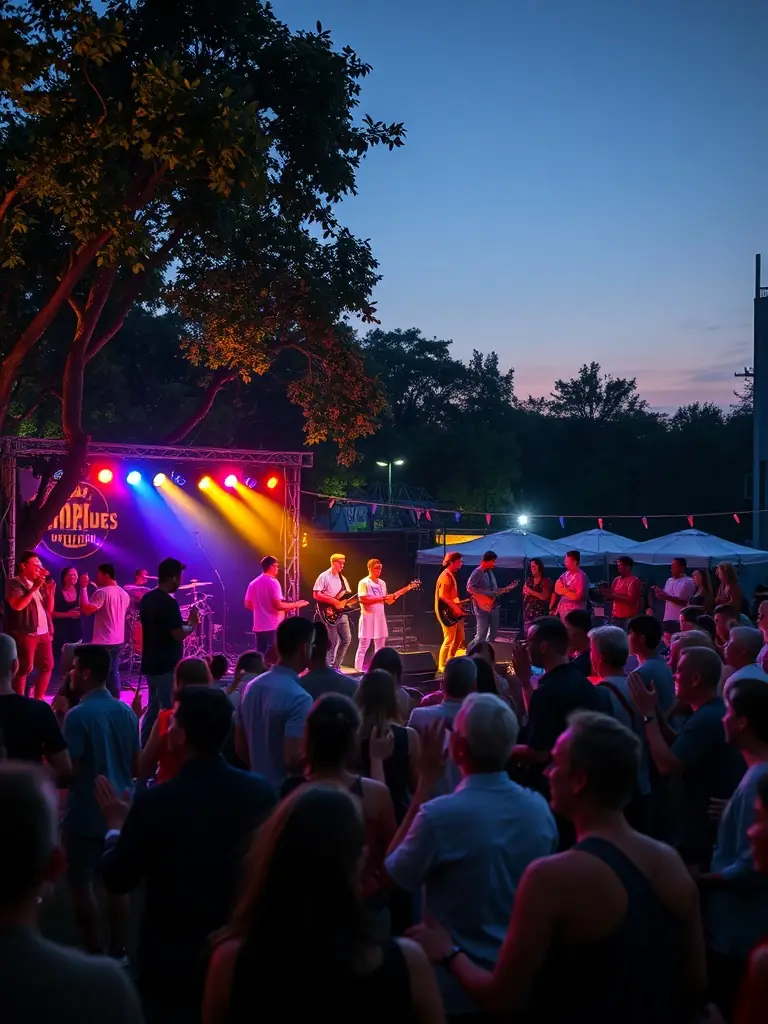 A dynamic photo of a live music event organized by POULPERIE PROD, featuring local artists and a diverse audience, emphasizing the organization's role in promoting local talent.