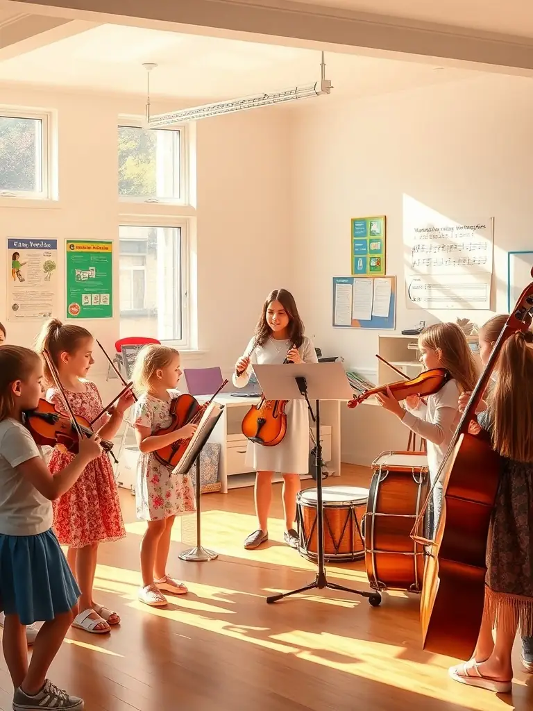A vibrant image of a music workshop where children are learning to play instruments, showcasing POULPERIE PROD's commitment to youth engagement and music education.