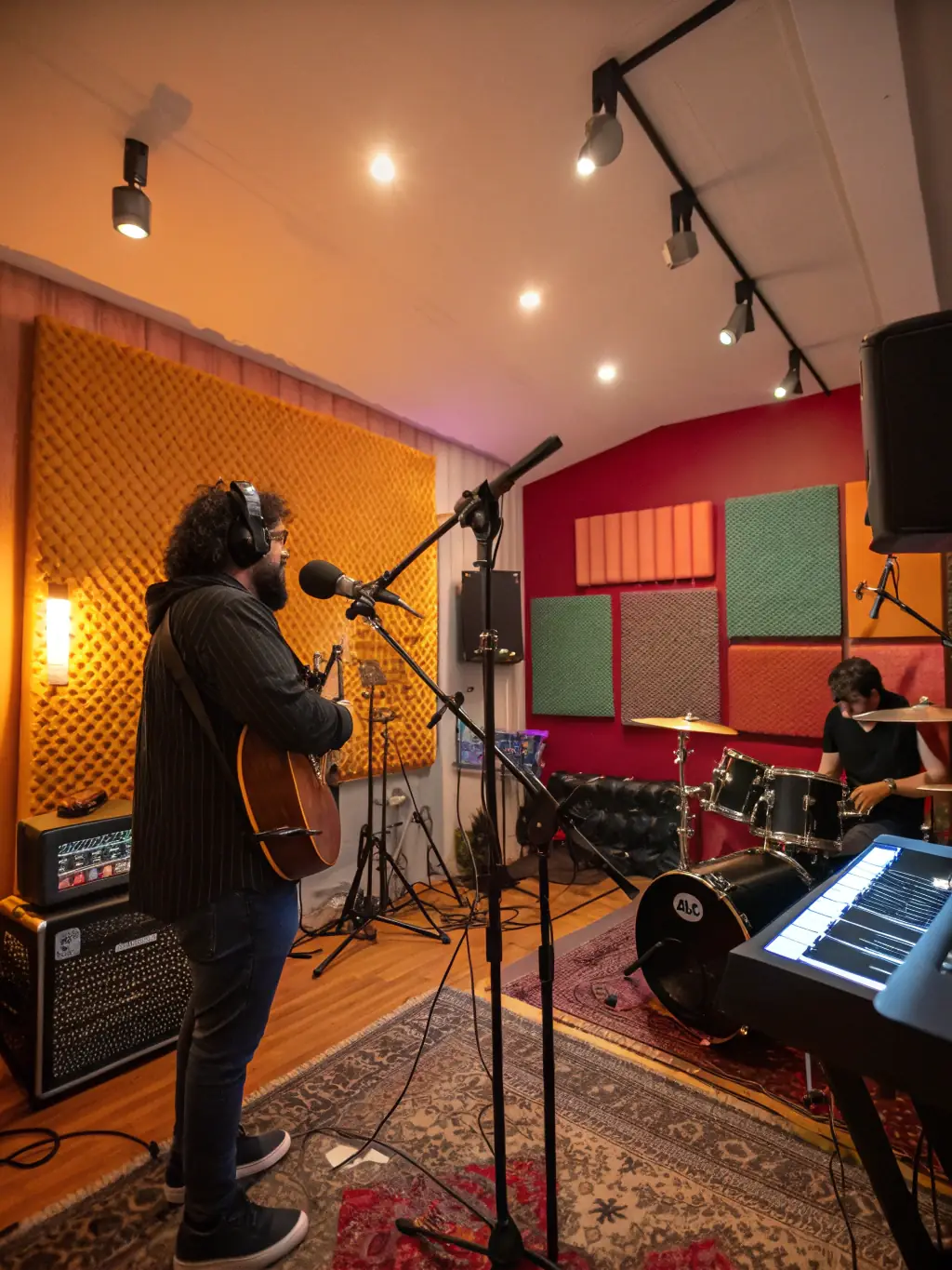 A professional photo of a recording session in a music studio, showcasing POULPERIE PROD's music production capabilities and support for emerging musicians.