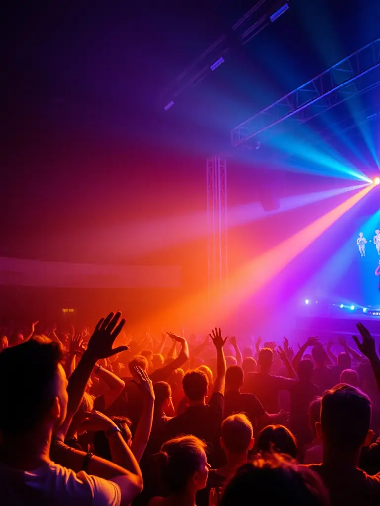 A dynamic photo capturing the energy of a cultural event organized by POULPERIE PROD, featuring diverse performers and enthusiastic audience members.