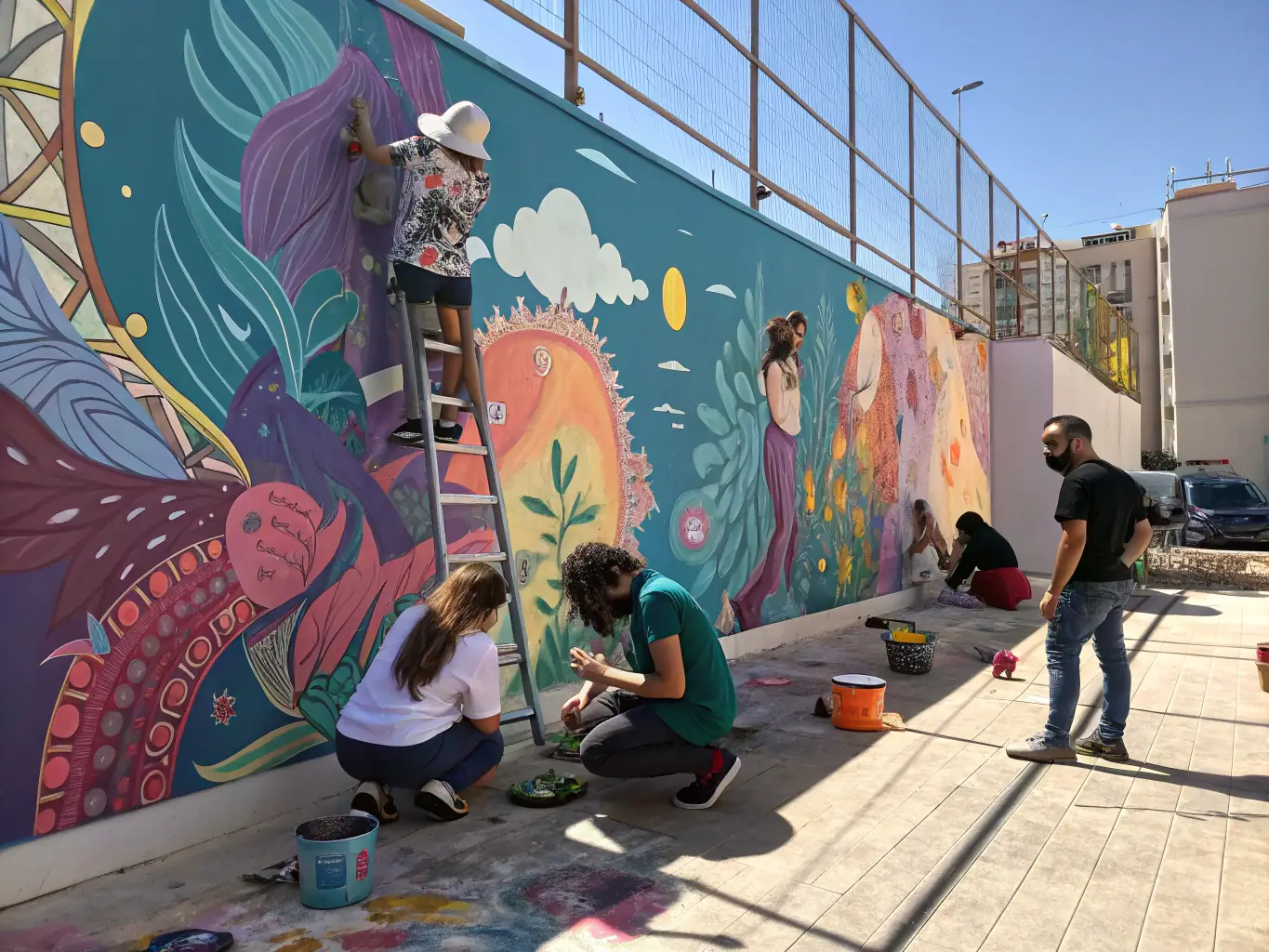 A dynamic image of a community arts project supported by POULPERIE PROD, showcasing the collaborative effort and artistic output of the participants.
