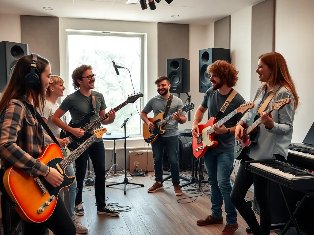 A vibrant photograph capturing a diverse group of musicians collaborating during a POULPERIE PROD music production workshop, showcasing the organization's commitment to fostering artistic talent.