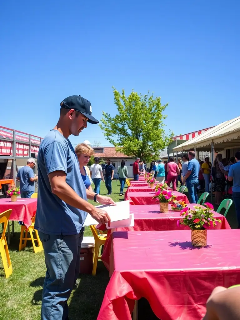 A heartwarming image of volunteers working together to set up a cultural event, highlighting POULPERIE PROD's reliance on community support and volunteerism.