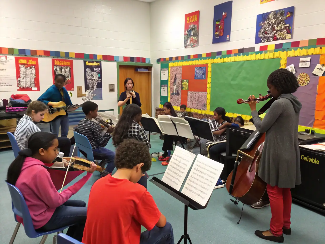 An image of young people participating in a music workshop organized by POULPERIE PROD, showing them learning and creating music together. The image emphasizes the organization's commitment to engaging youth in the arts and fostering creative expression.