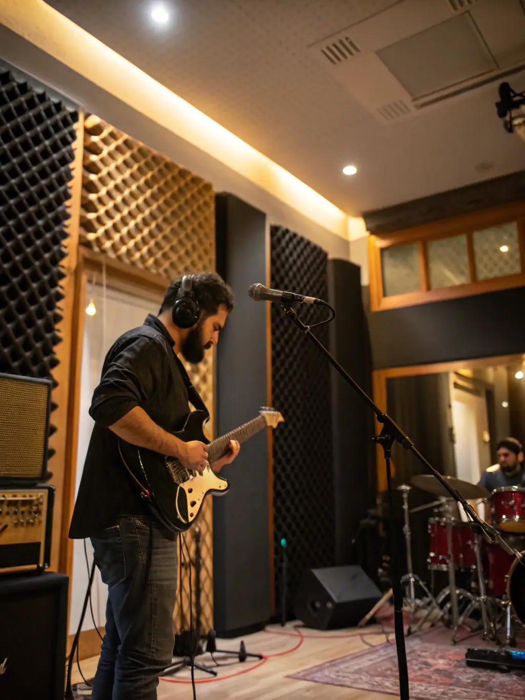 A vibrant image of a music production session, showcasing artists collaborating in a professional studio environment, reflecting POULPERIE PROD's support for local musicians.