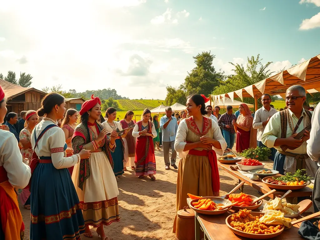 A colorful image depicting a lively cultural event organized by POULPERIE PROD, featuring traditional music and dance performances, highlighting the organization's role in promoting cultural diversity.
